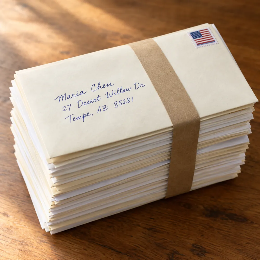 A stack of hand-addressed, stamped envelopes tied with a paper band, ready to mail.
