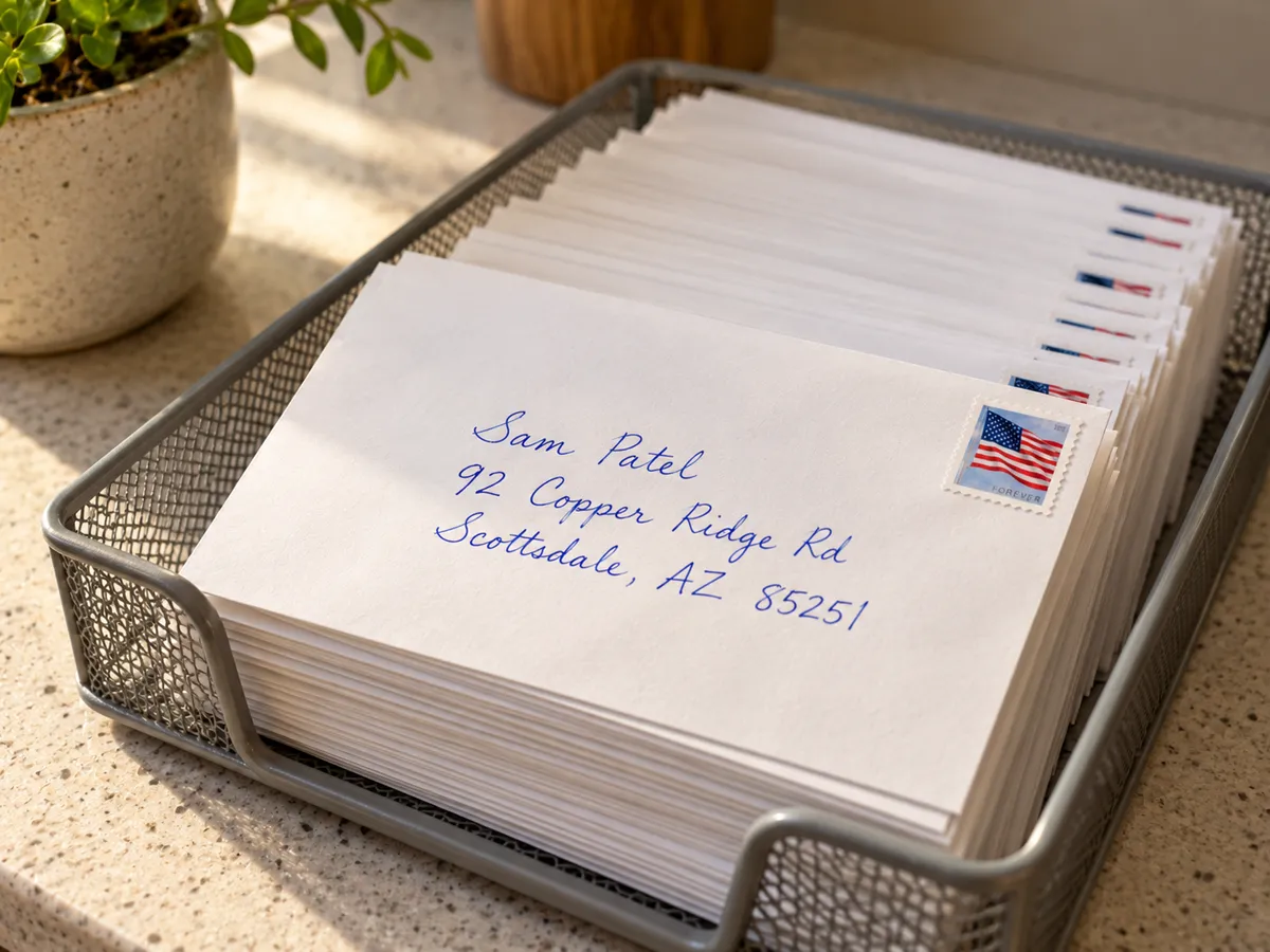 A tray of hand-addressed, stamped envelopes; the top one is addressed to Sam Patel in Scottsdale.