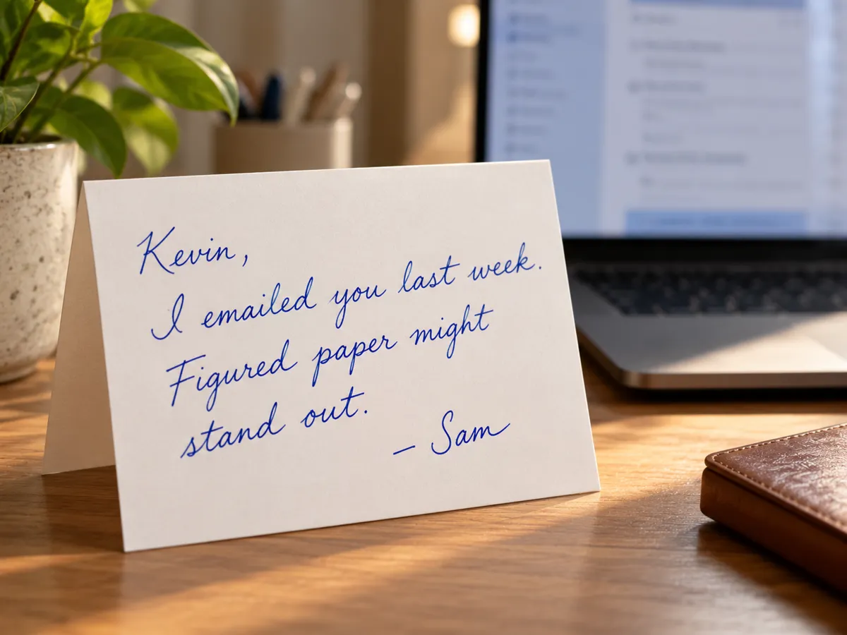 A card beside a laptop: Kevin, I emailed you last week. Figured paper might stand out. - Sam.