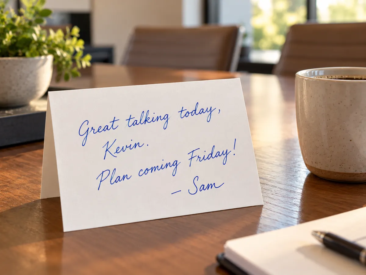 A card on a conference table: Great talking today, Kevin. Plan coming Friday! - Sam.
