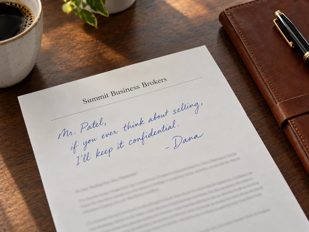 A Summit Business Brokers letter on a walnut desk, handwritten: Mr. Patel, if you ever think about selling, I will keep it confidential. - Dana.