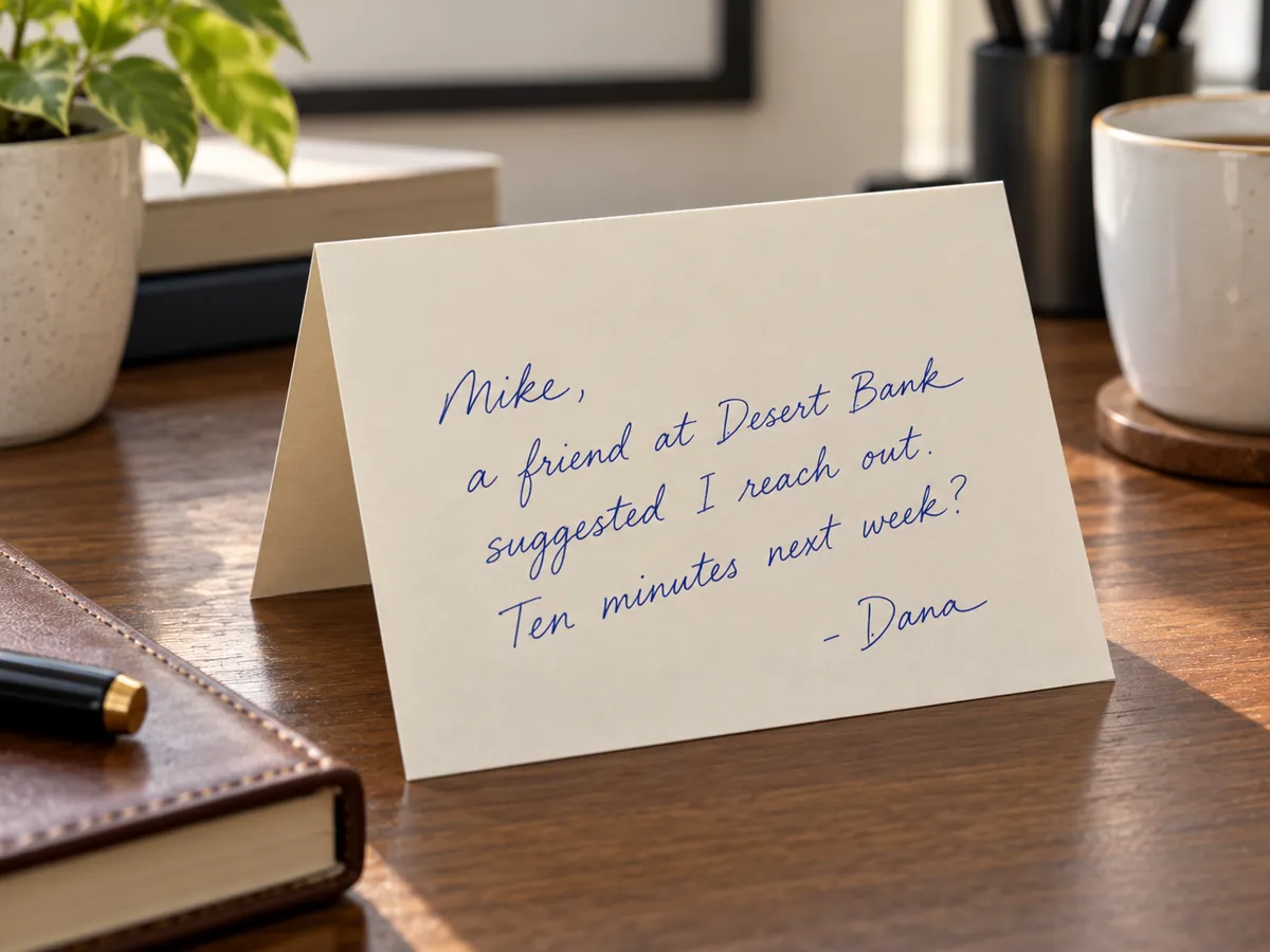 A note card on a desk: Mike, a friend at Desert Bank suggested I reach out. Ten minutes next week? - Dana.