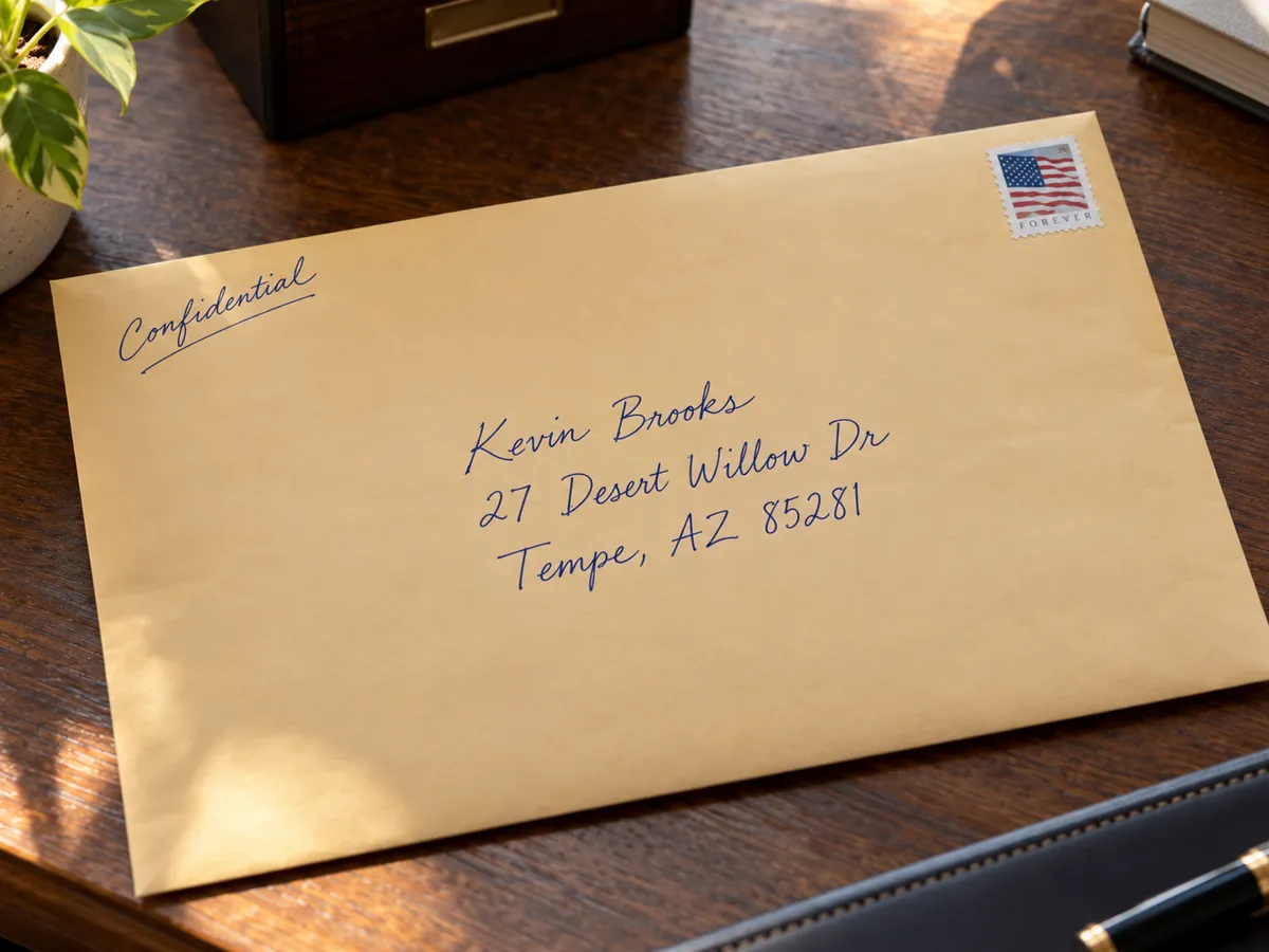 A manila envelope hand-addressed to Kevin Brooks in Tempe, marked Confidential, with a flag stamp.