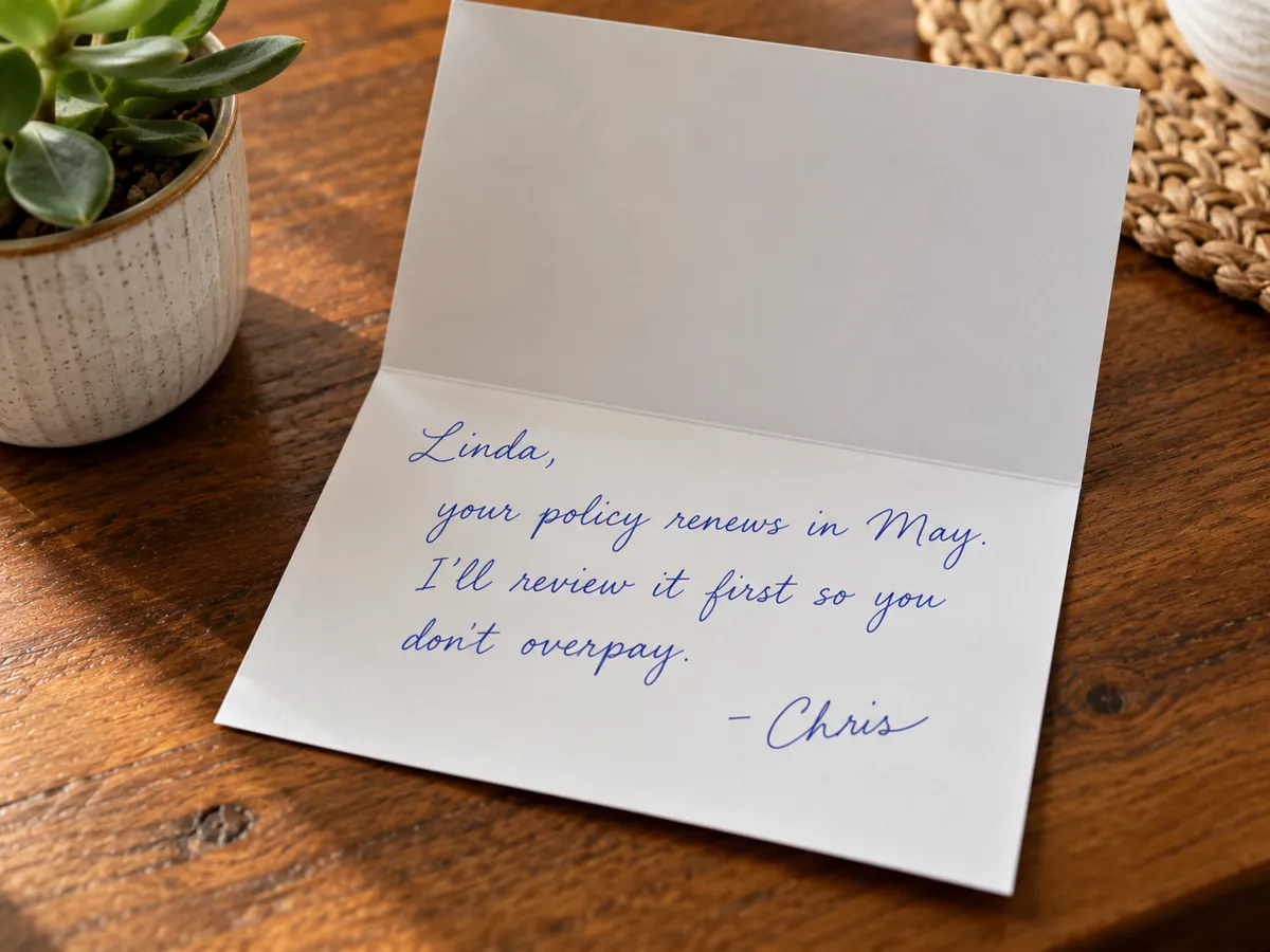 An open card on a kitchen table: Linda, your policy renews in May. I will review it first so you do not overpay. - Chris.