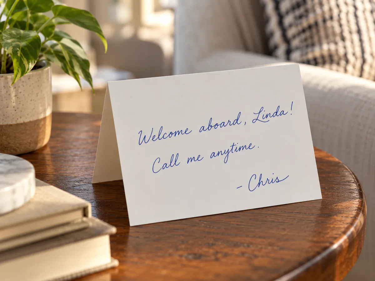 A card on a side table: Welcome aboard, Linda! Call me anytime. - Chris.
