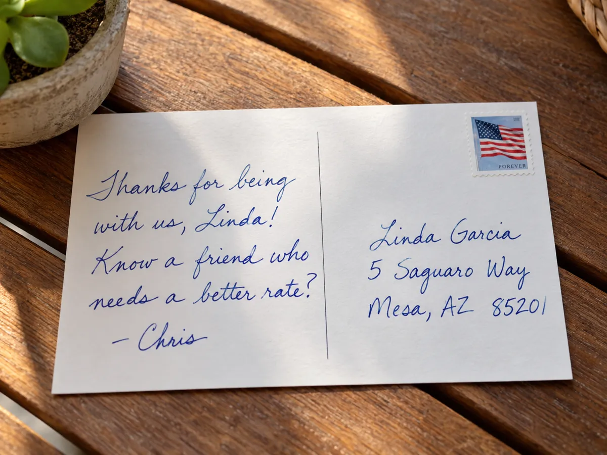 A handwritten postcard: Thanks for being with us, Linda! Know a friend who needs a better rate? - Chris, addressed to Linda Garcia in Mesa.