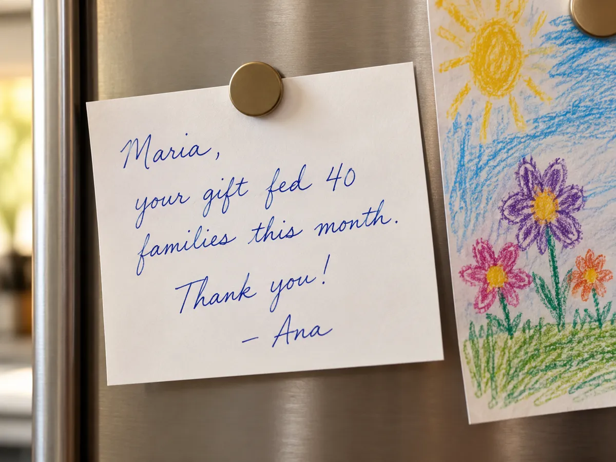 A thank-you note held on a refrigerator by a magnet next to a crayon drawing: Maria, your gift fed 40 families this month. Thank you! - Ana.