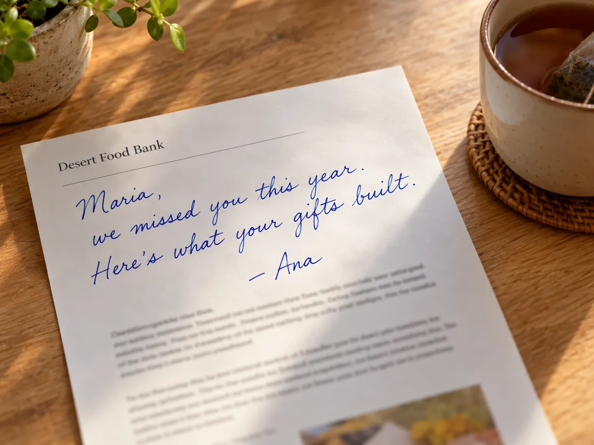 A Desert Food Bank letter that opens in handwriting: Maria, we missed you this year. Here is what your gifts built. - Ana.