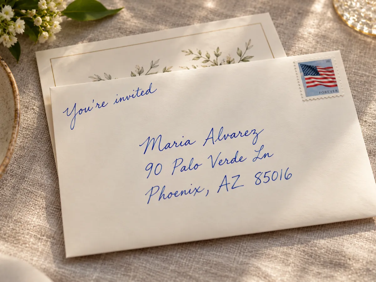 A cream envelope hand-addressed to Maria Alvarez in Phoenix with You are invited written in the corner.