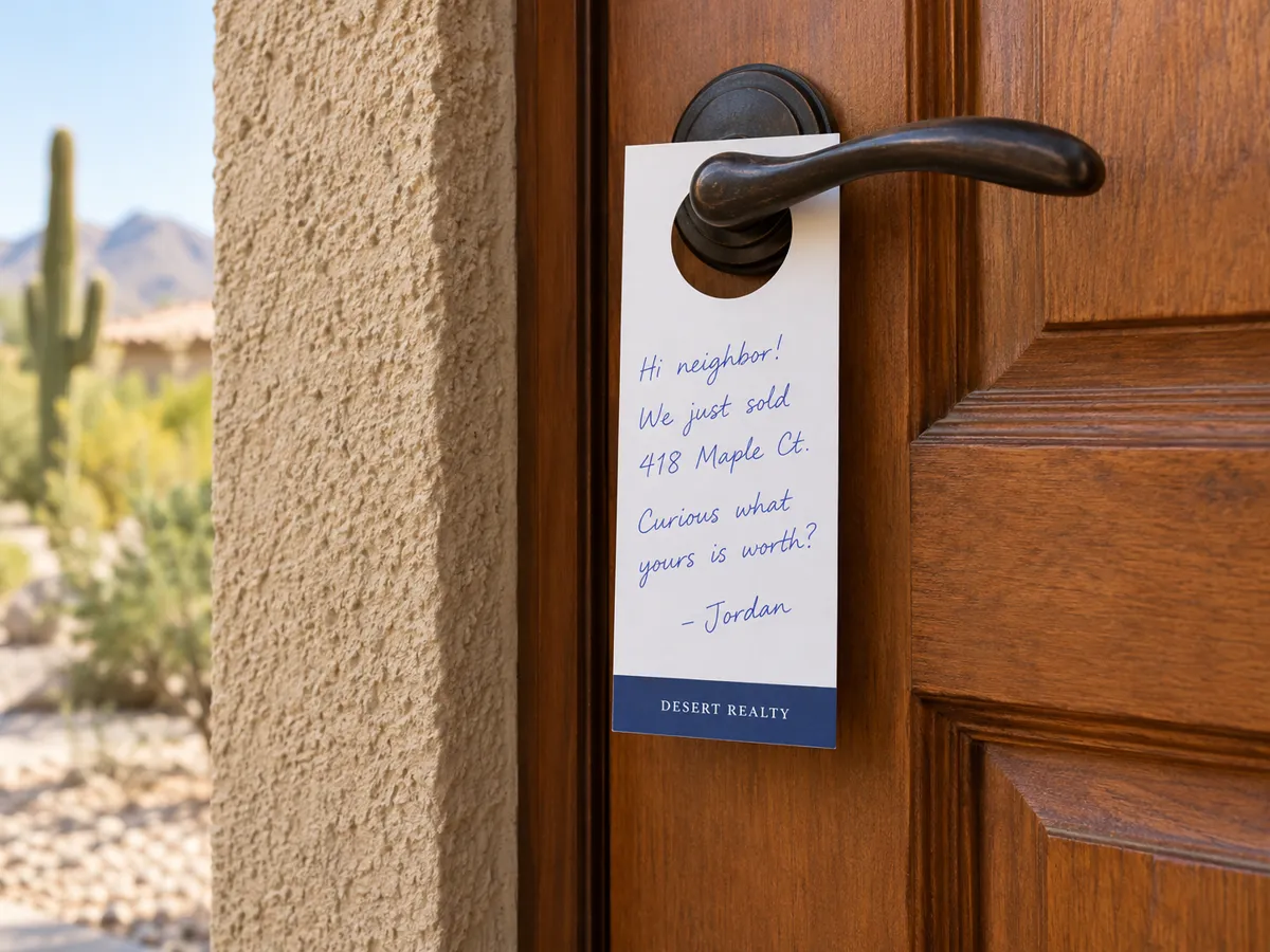 A door hanger on a front door handle, handwritten: Hi neighbor! We just sold 418 Maple Ct. Curious what yours is worth? - Jordan.
