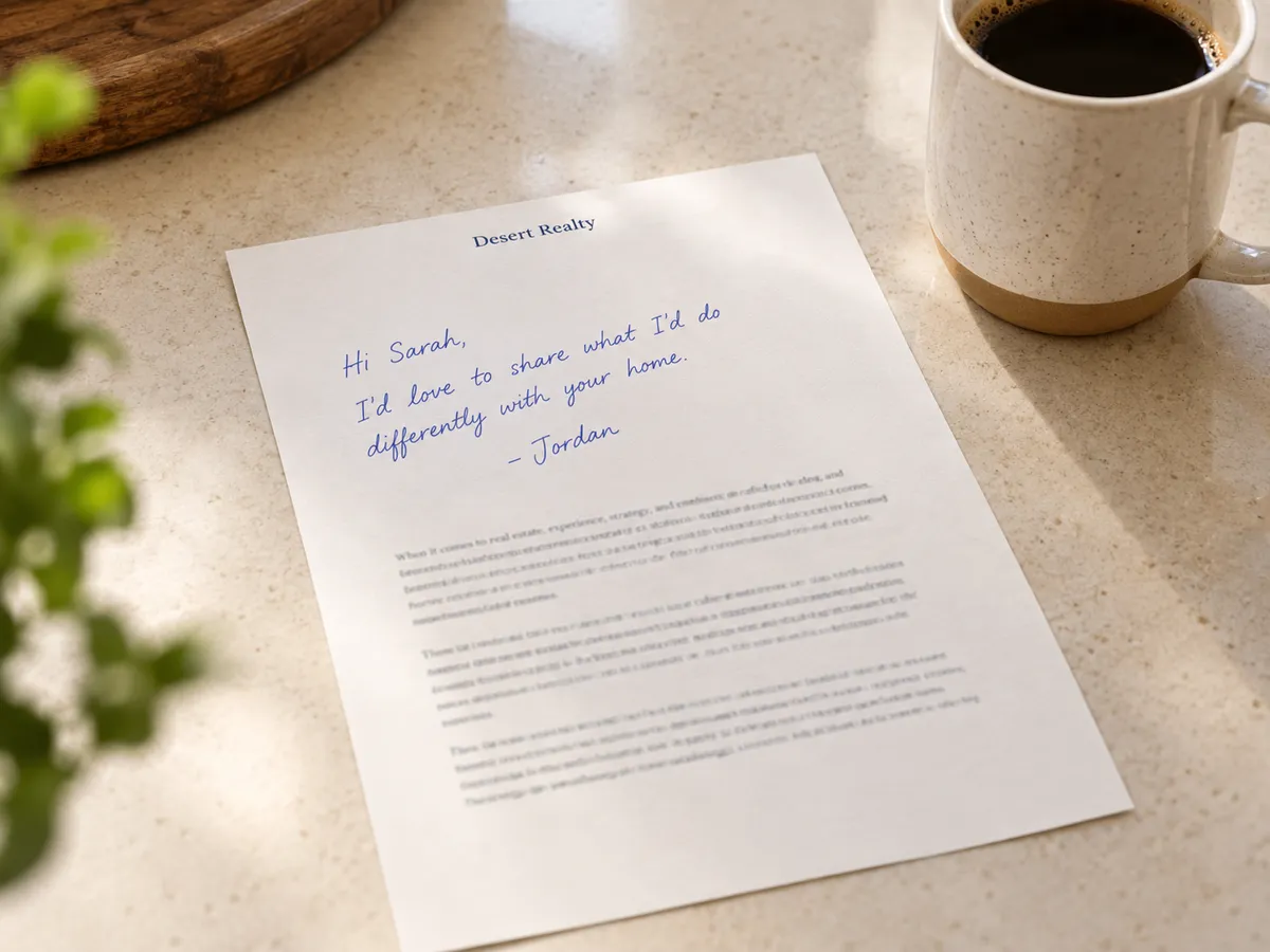 A printed Desert Realty letter on a kitchen counter that opens in handwriting: Hi Sarah, I would love to share what I would do differently with your home. - Jordan.