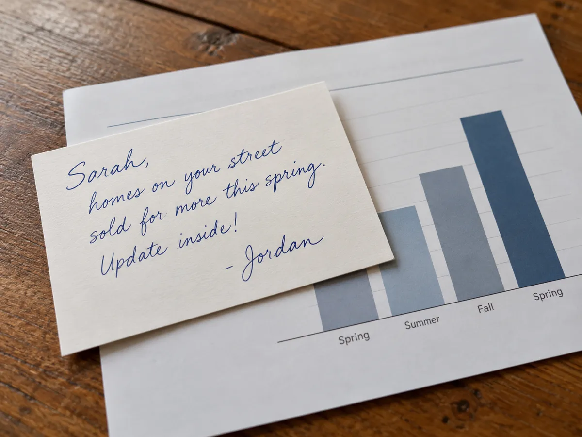 A handwritten card on a market report chart: Sarah, homes on your street sold for more this spring. Update inside! - Jordan.