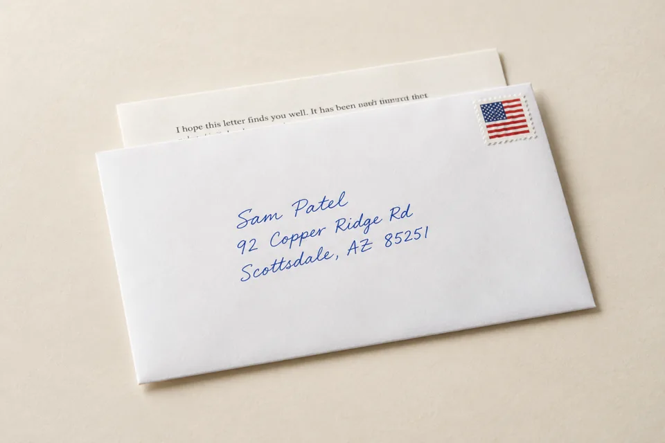 A white envelope hand-addressed in blue ink, with a flag stamp and a printed letter tucked inside.