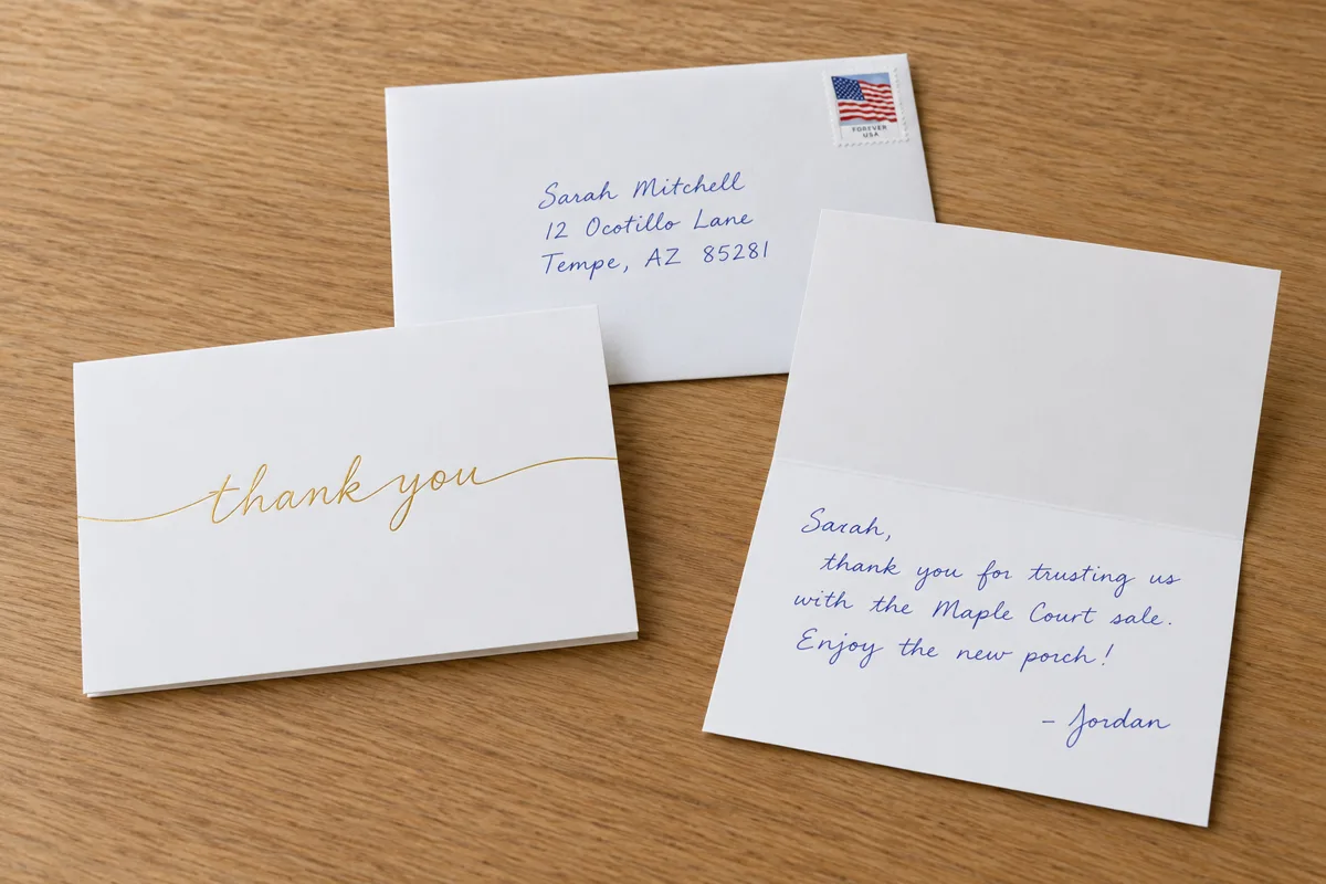 A white thank-you card with a gold foil 'thank you' script, an open card with a note handwritten in blue pen, and a hand-addressed stamped envelope.